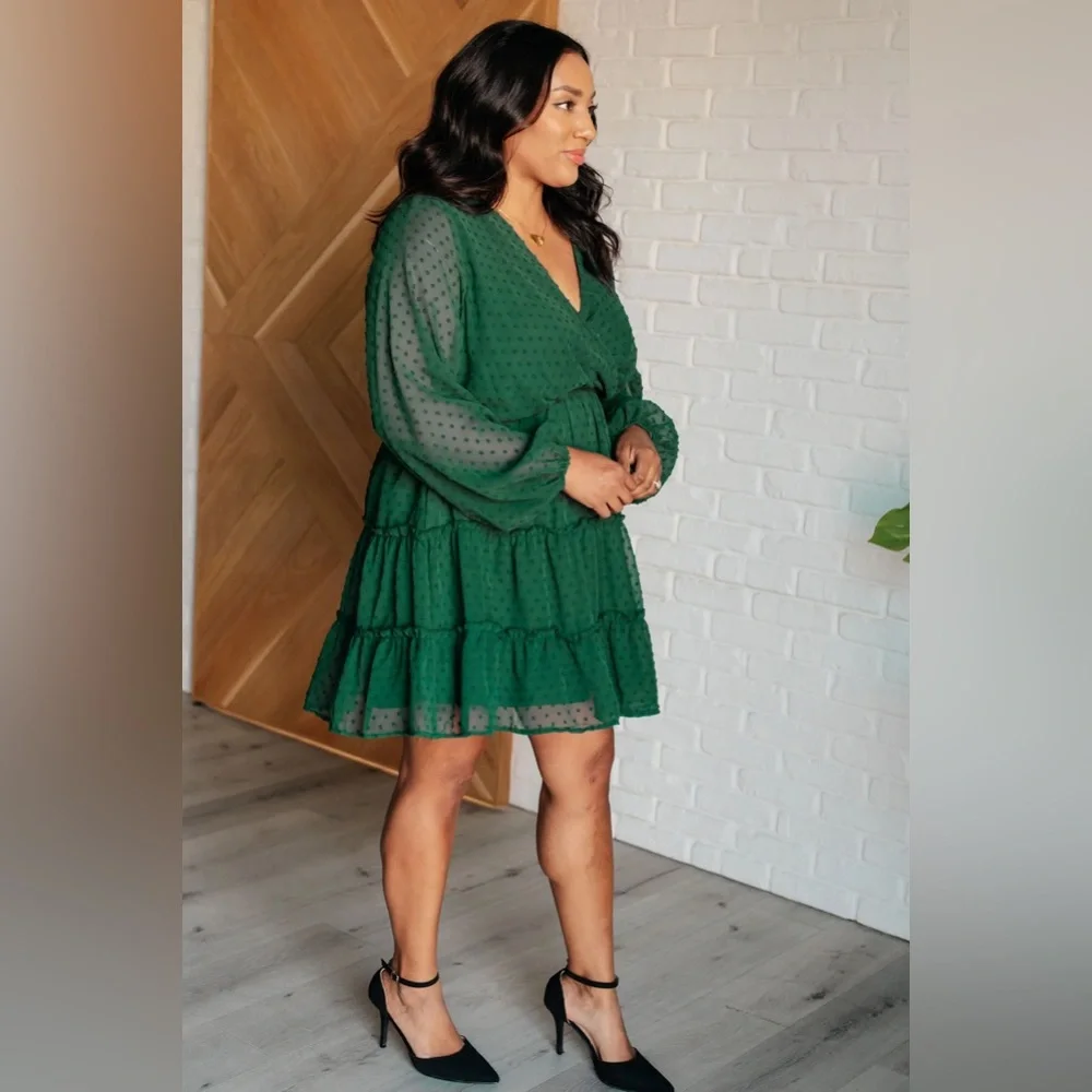 Emerald Green Swiss Dot Tiered Long Sleeve Dress - Picture 2 of 5